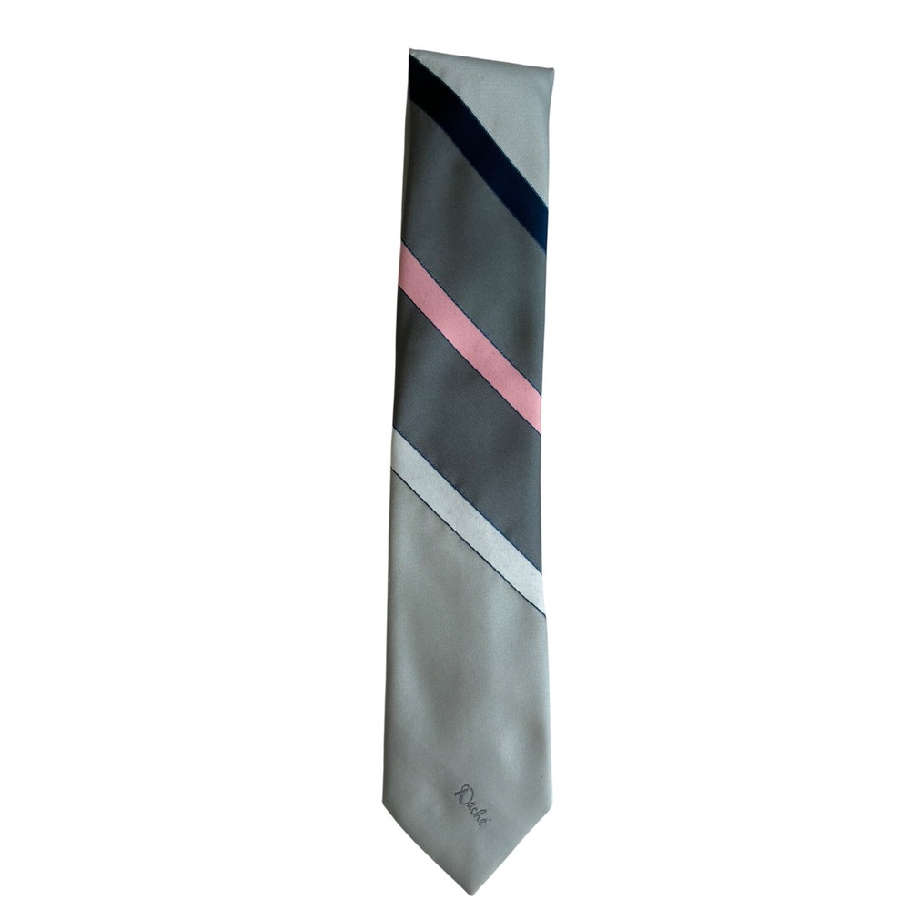 Vintage Lilly Dache Mens Striped‎ Silk Blend Tie Grey Pink Navy Blue RN22356